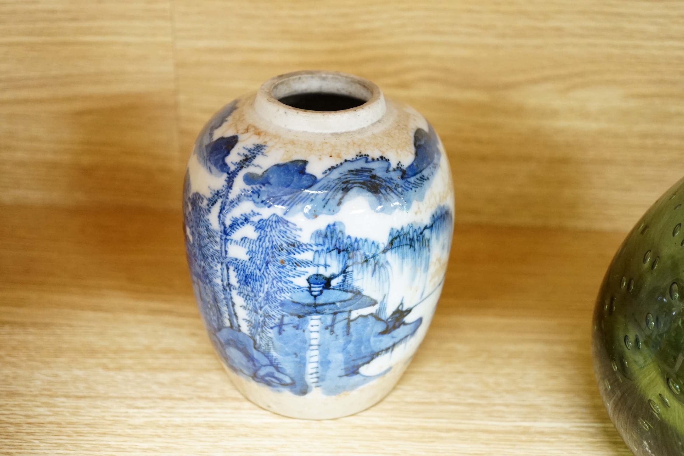 A Chinese ginger jar, another with cover and an ornamental bone and wooden travelling compass, tallest 14cm high